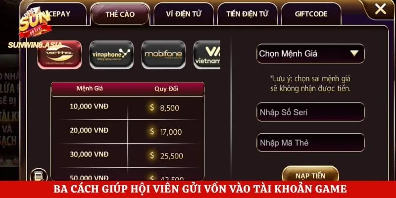 Ba cách giúp hội viên gửi vốn vào tài khoản game